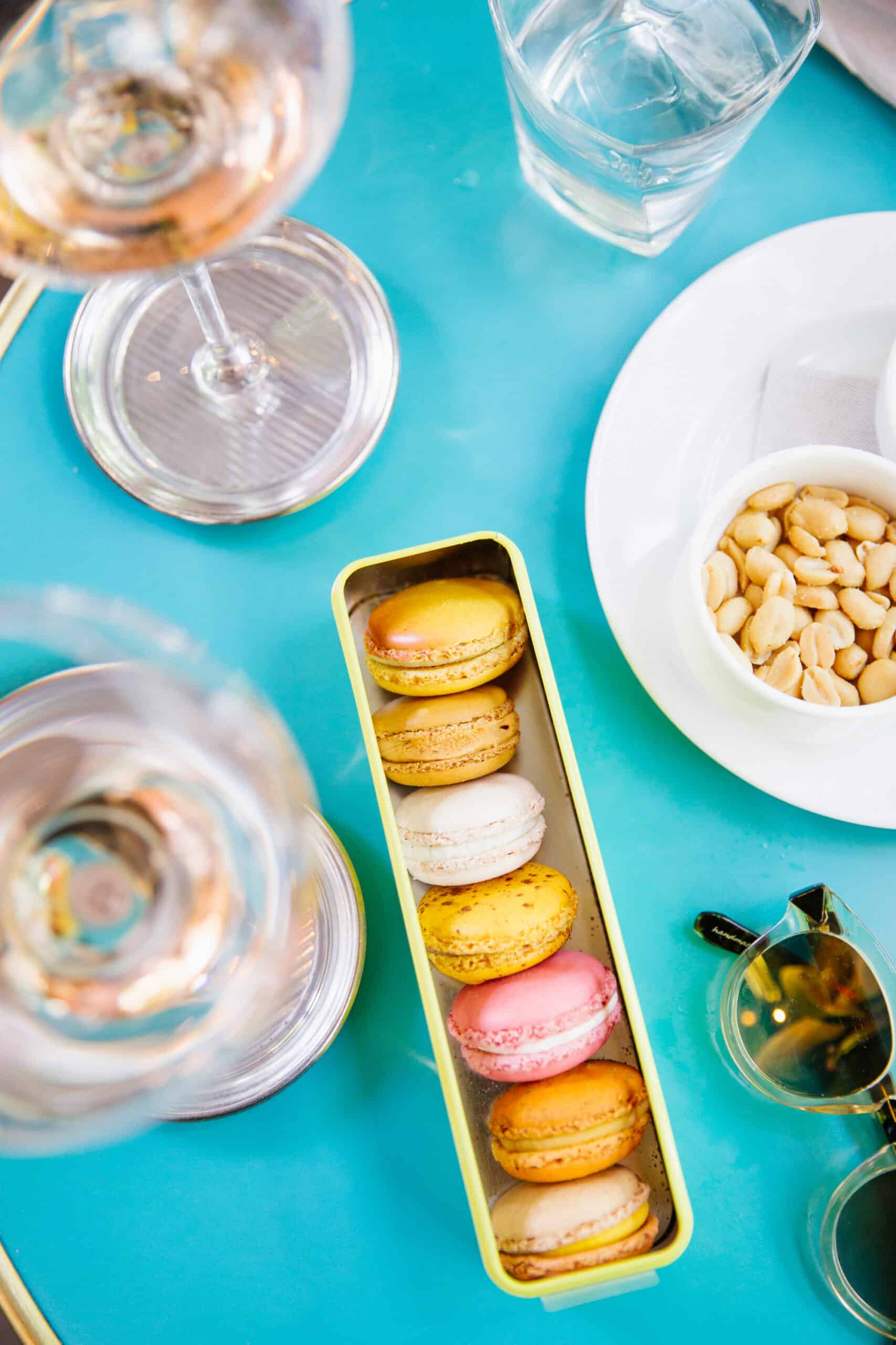 French macarons on a café table
