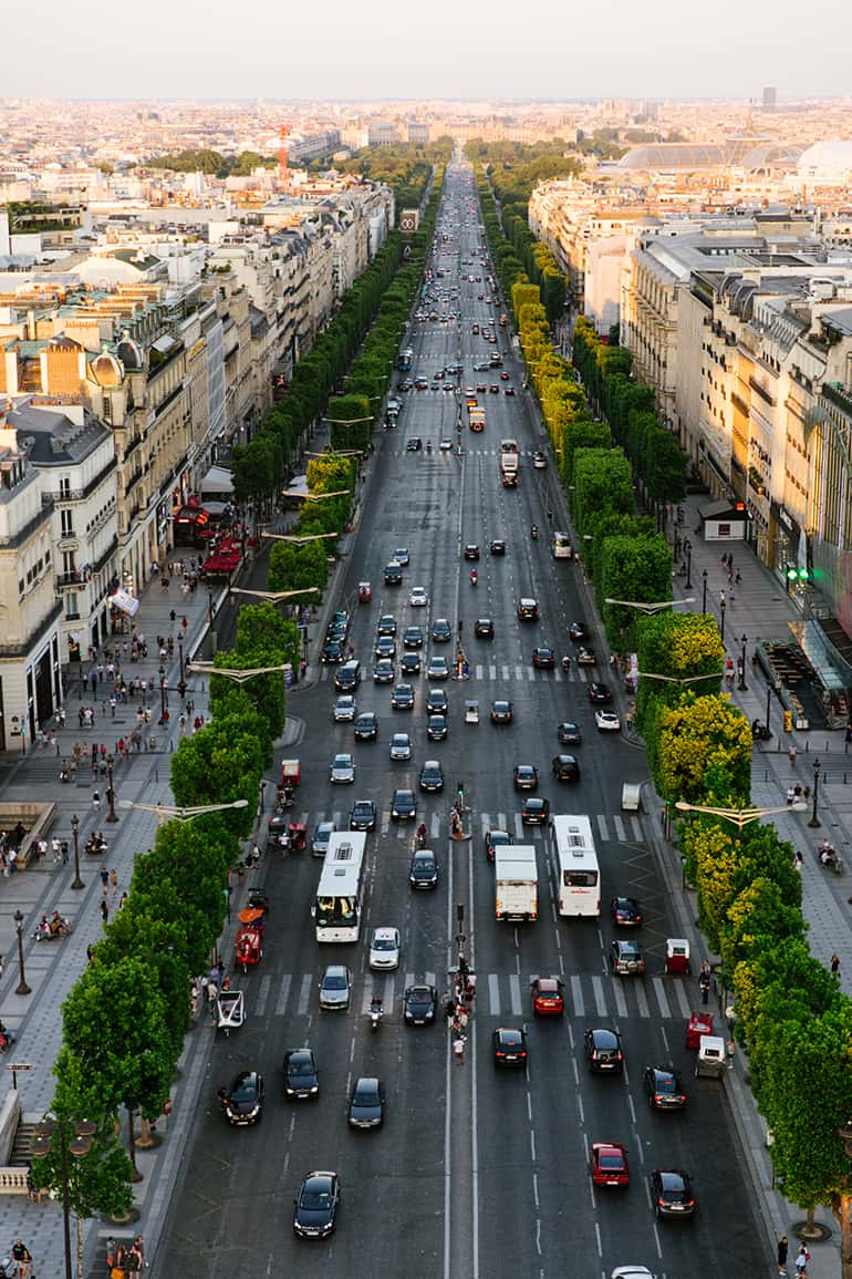 Looking down to the bustling streets of Paris from the Arc de Triomphe.