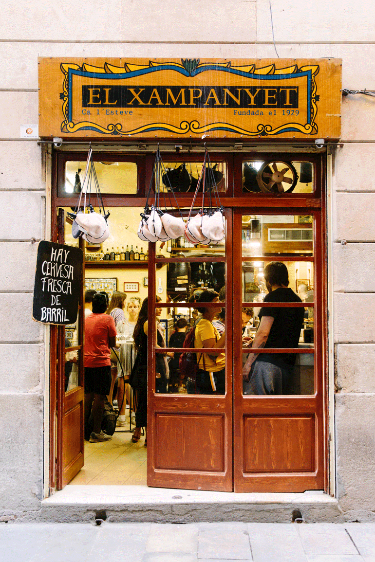 The exterior of El Xampanyet tapas restaurant in Barcelona, Spain.