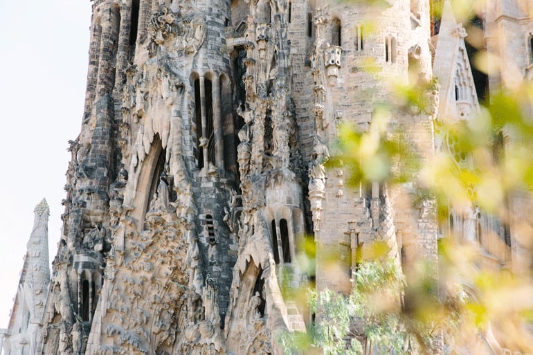 A close up view of the details of La Sagrada Familia in Barcelona.
