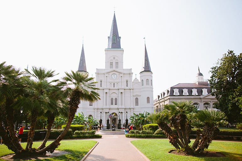 View of St. Louis Cathedral inside Jackson Square, New Orleans.