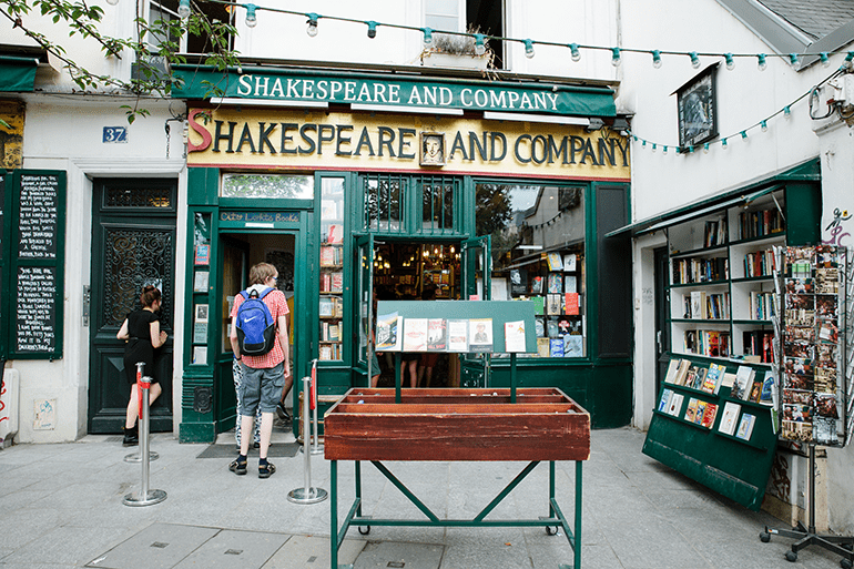 The exterior of the famous bookstore in Paris near Notre Dame, Shakespeare and Company.