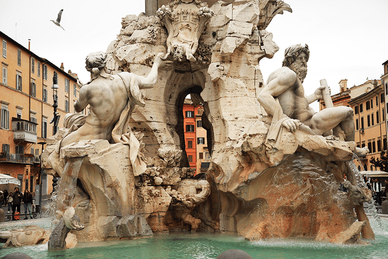 Close up details of a fountain in Rome, Italy.