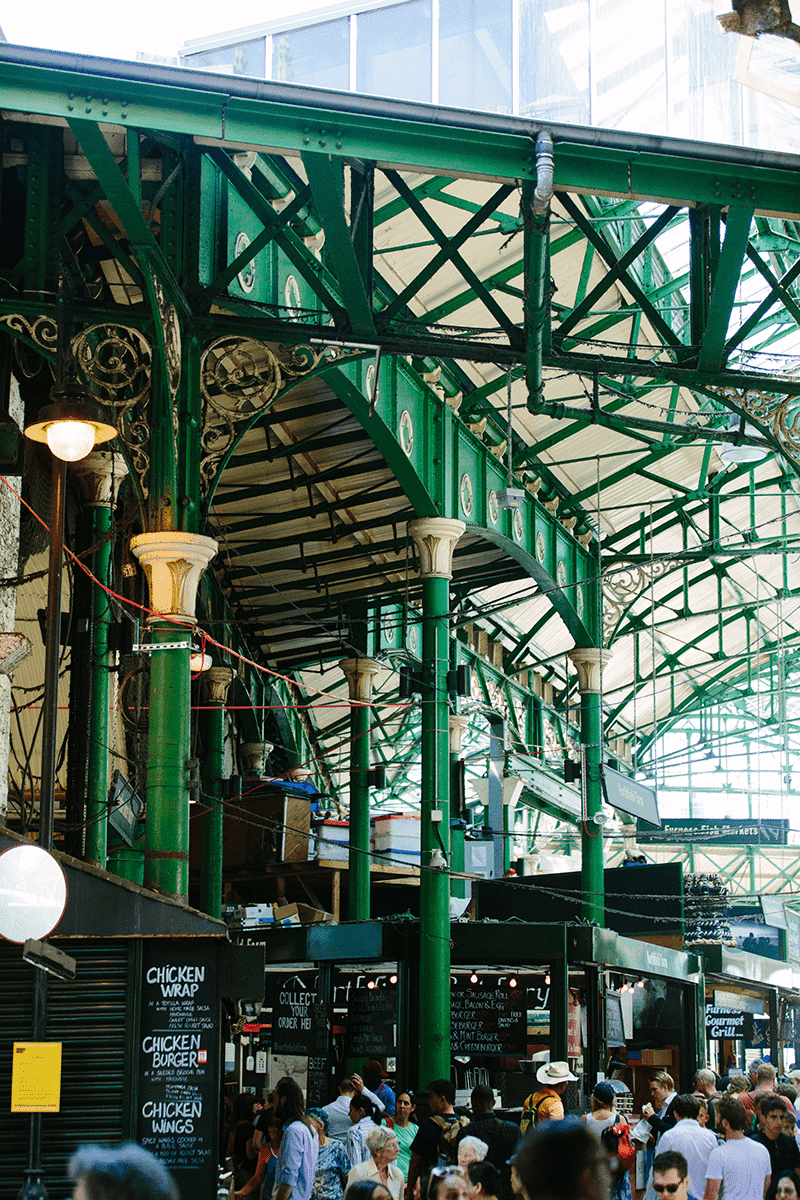 The iconic wrought icon green interior architecture of Borough Market.