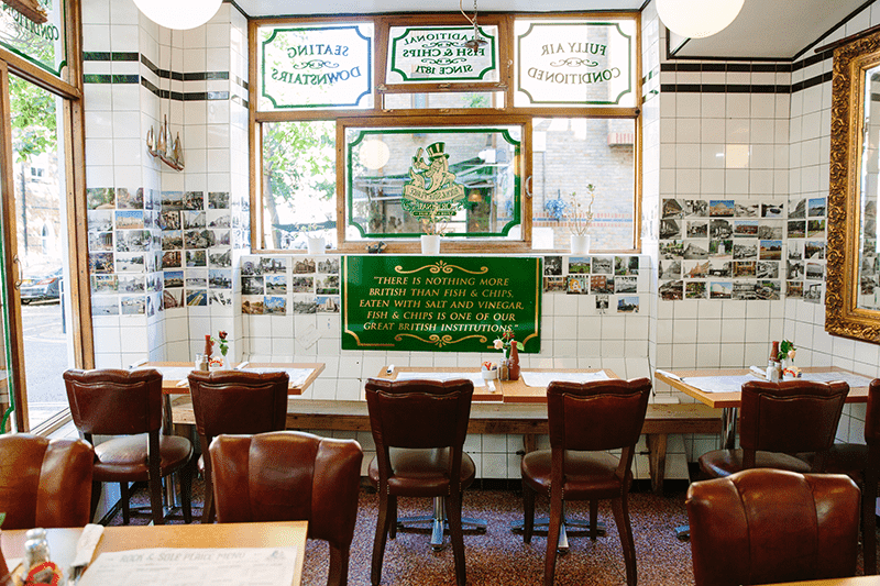 Interior of a classic chippy (nickname for a shop that sells fish and chips) in London.