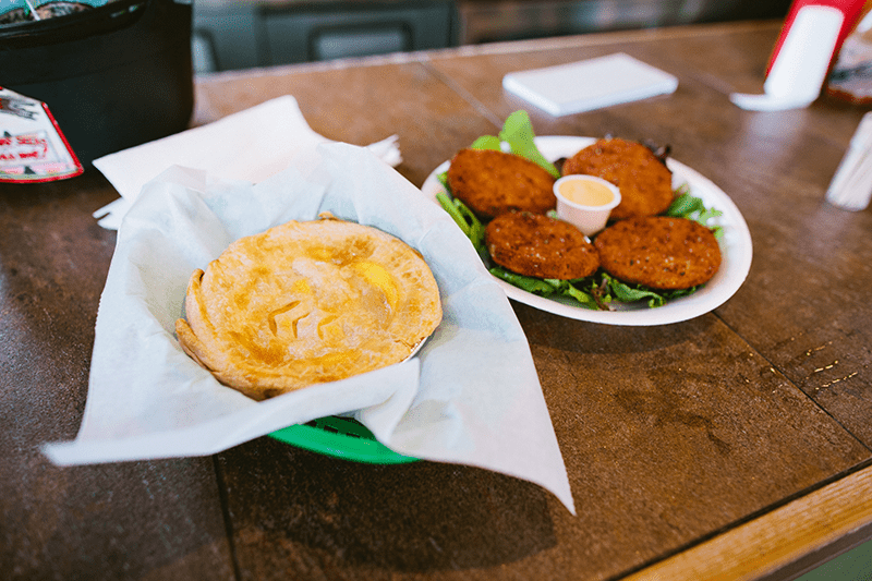 Baskets of fried cajun food at a local food market in New Orleans.