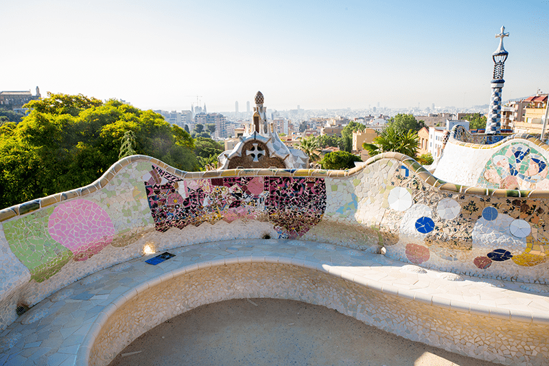 Colorful Park Guell in Barcelona, Spain overlooking the city.