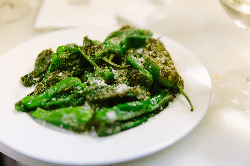 Close- up of padron peppers at a tapas restaurant in Barcelona, Spain