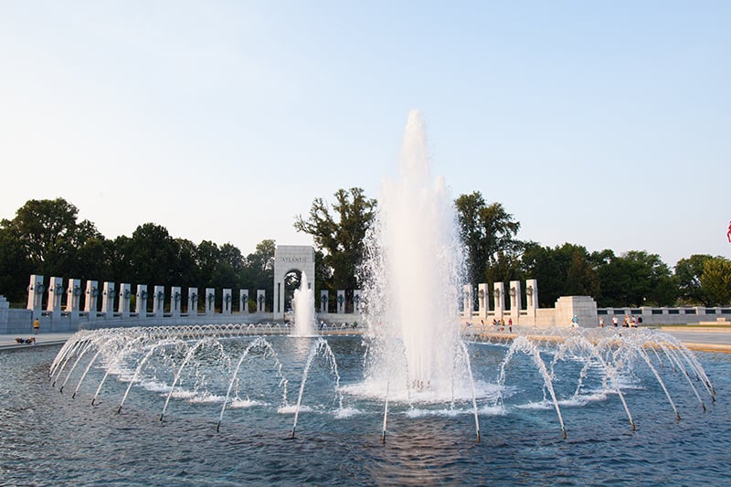 The central fountain of the World War II Memorial in Washington, DC