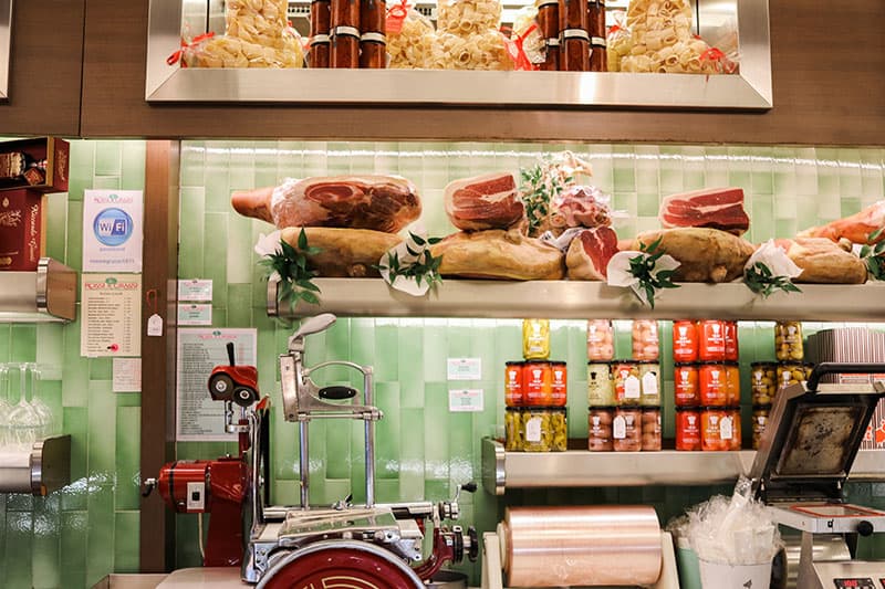 Inside a salumeria, or deli, in Milan, Italy