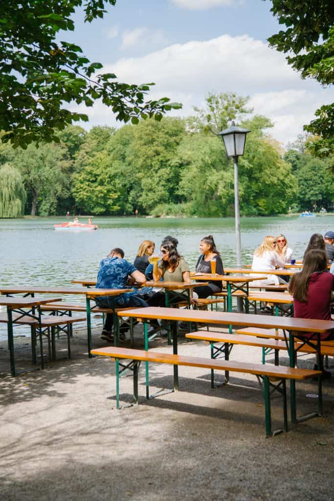 Beer garden along the water in Munich Germany