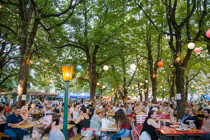 People seated at a beer garden in Munich, Germany