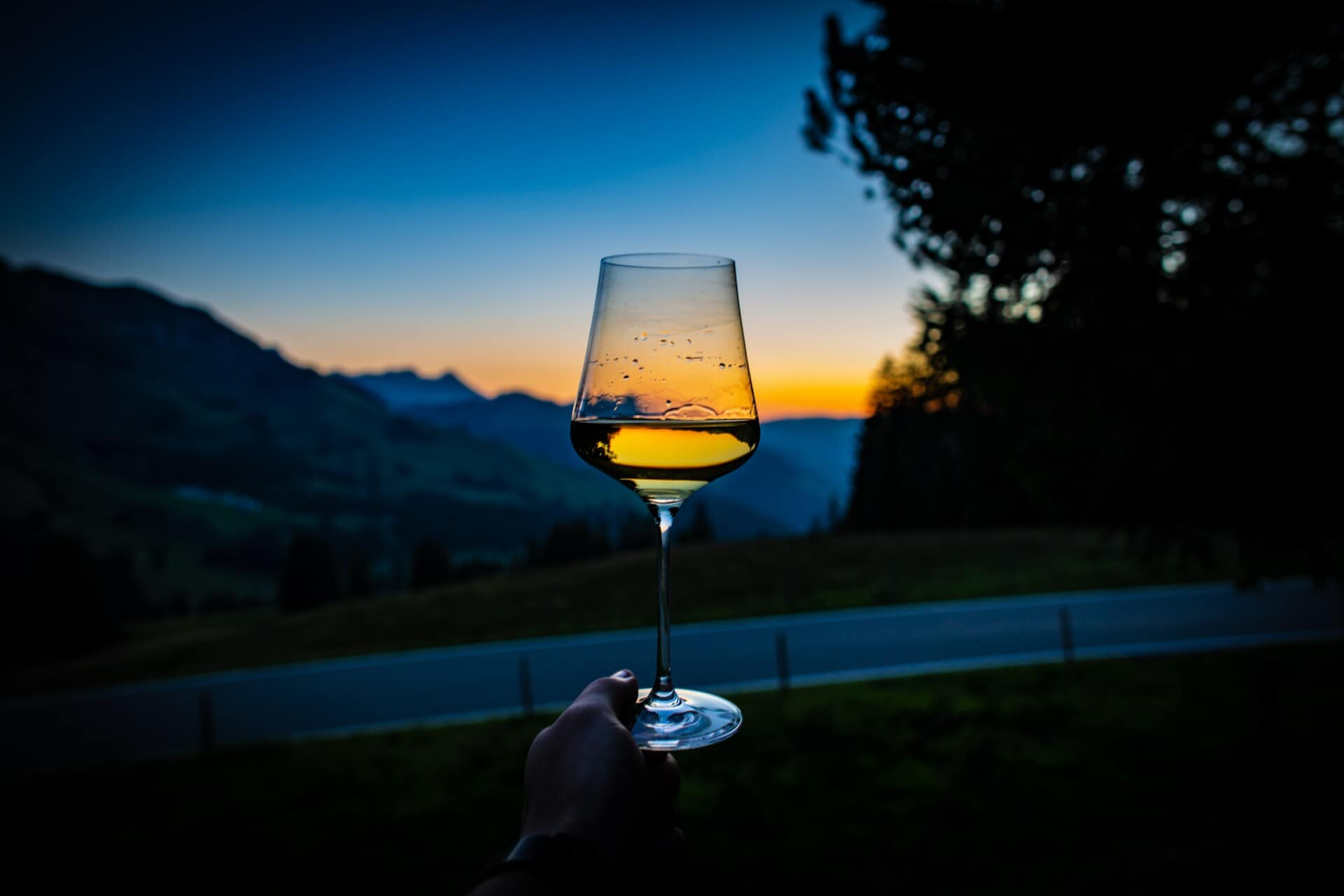 A glass of white wine held up as the sunsets