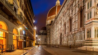 A view of the Duomo in Florence, Italy at night