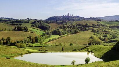 A view of the rolling hills and vineyards in Tuscany just outside Florence, Italy