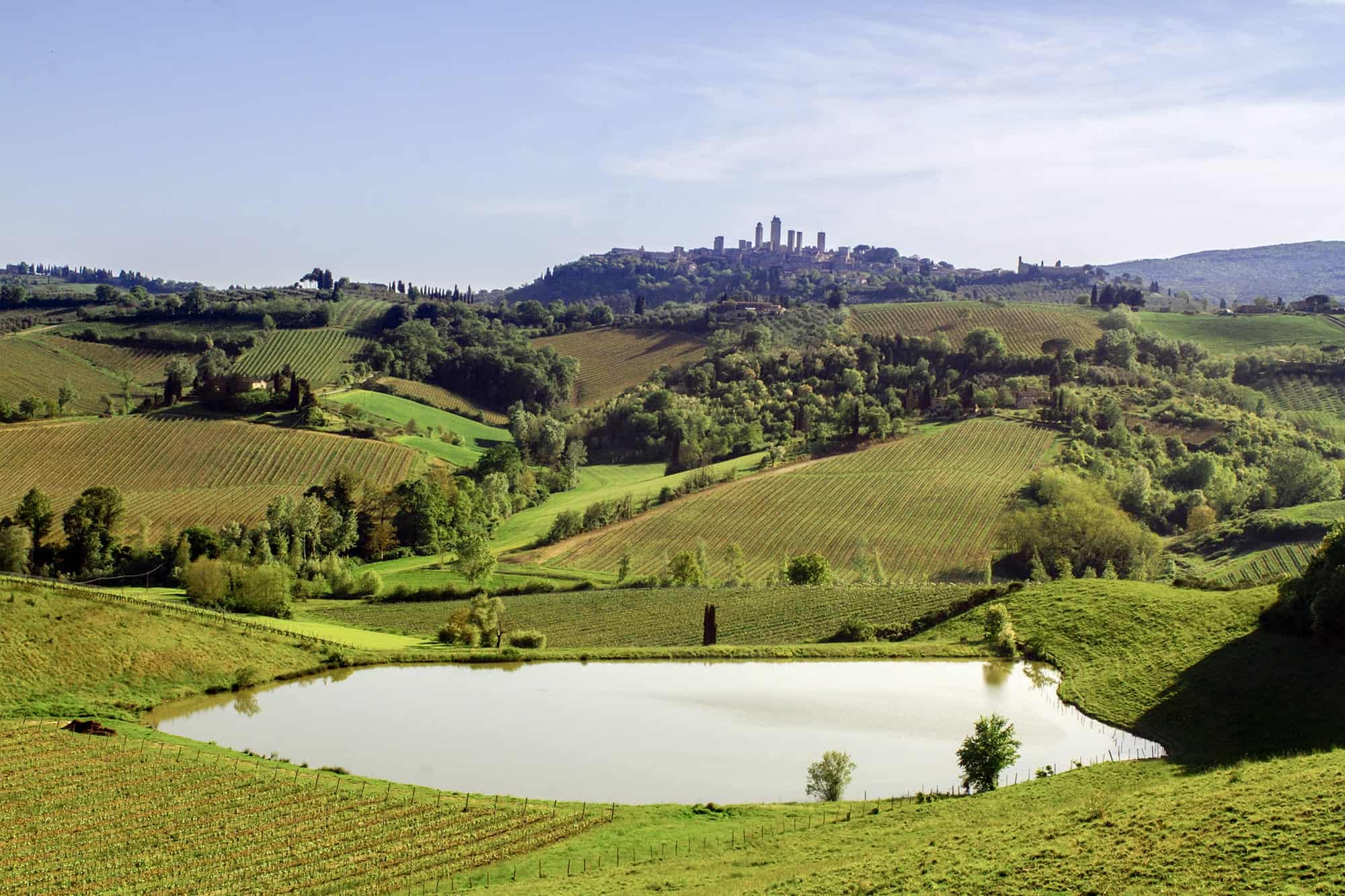 A view of the rolling hills and vineyards in Tuscany just outside Florence, Italy