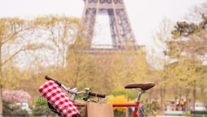 A picnic on a bike in front of the Eiffel Tower in Paris, France