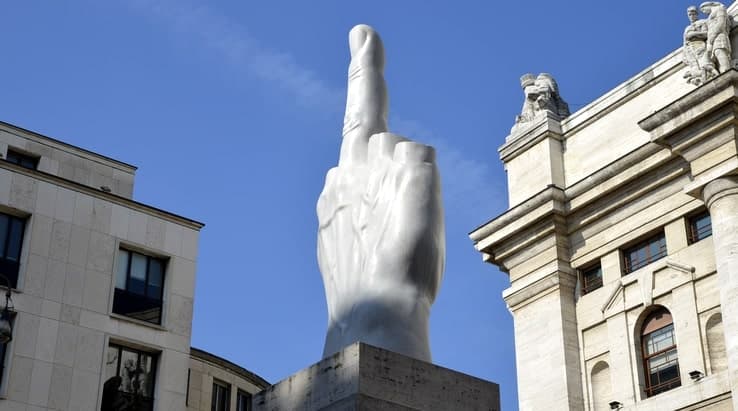 The 'Finger' sculpture by Maurizio Cattelan in Milan, Italy
