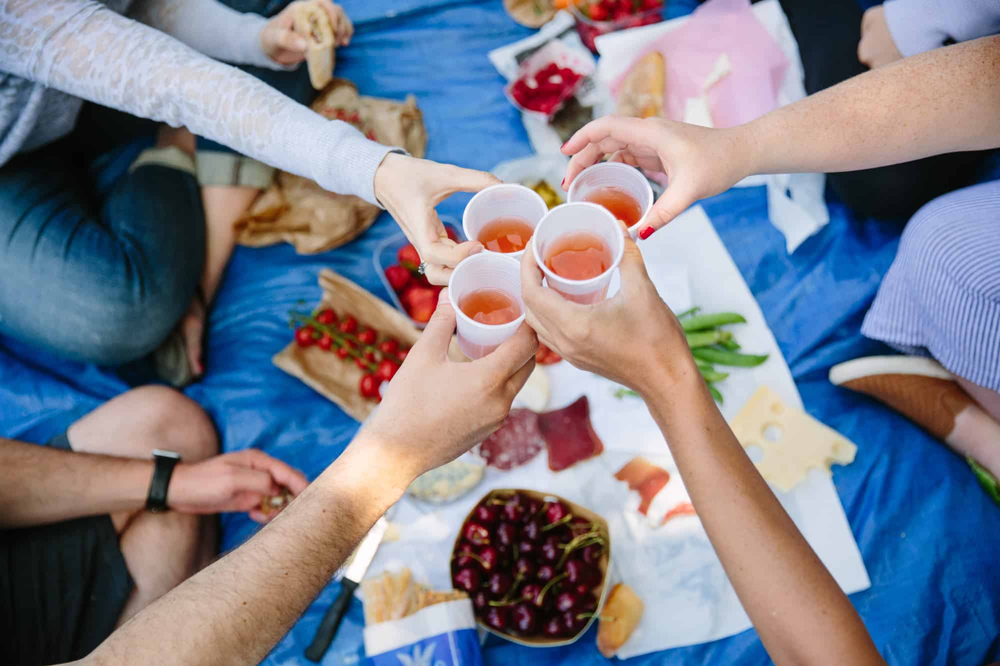 Friends cheers their wine glasses during a picnic in Versailles.