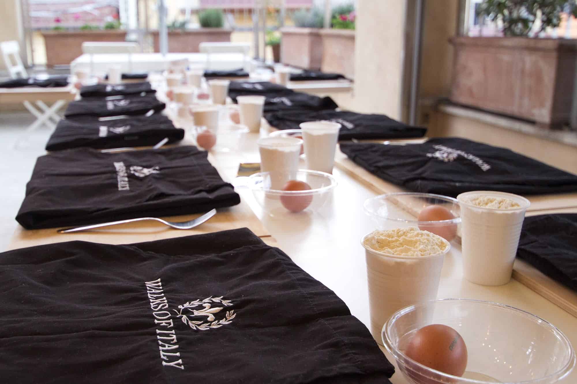 Pasta ingredients are laid out ready for a class in Rome, Italy