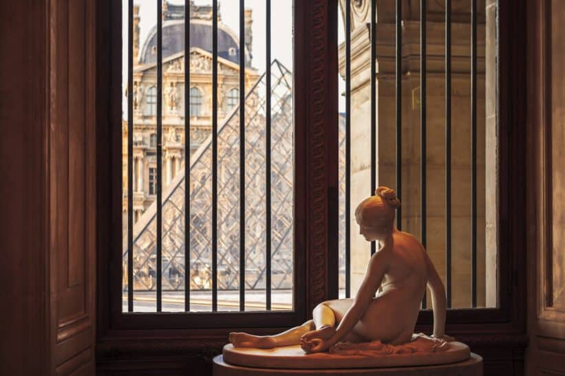 A view looking through the window in the Louvre in Paris, France