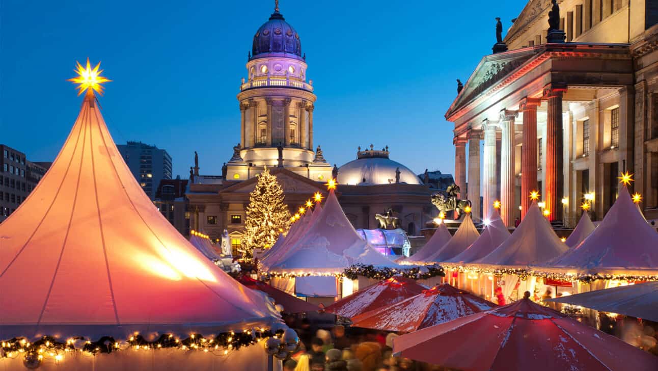 A view of the tents and a church at the Berlin Christmas Market