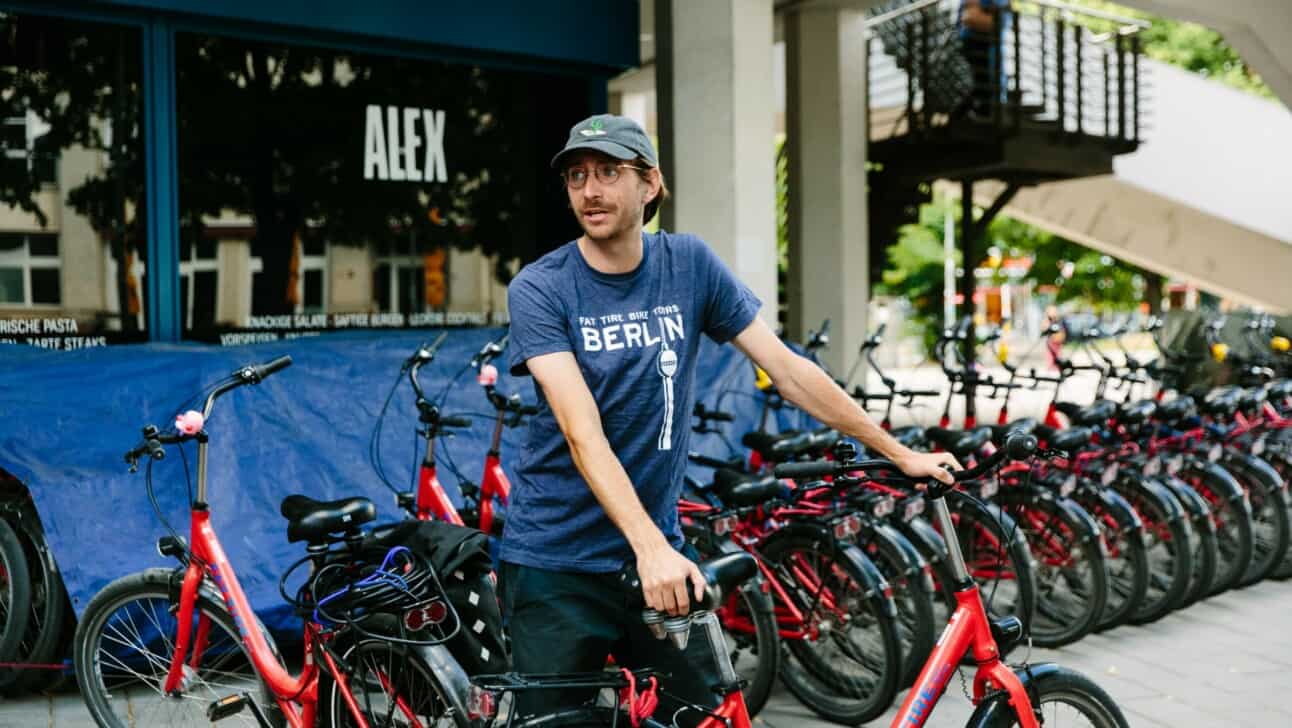 Bikes lined up in front of the Fat Tire Tours office in Berlin, Germany