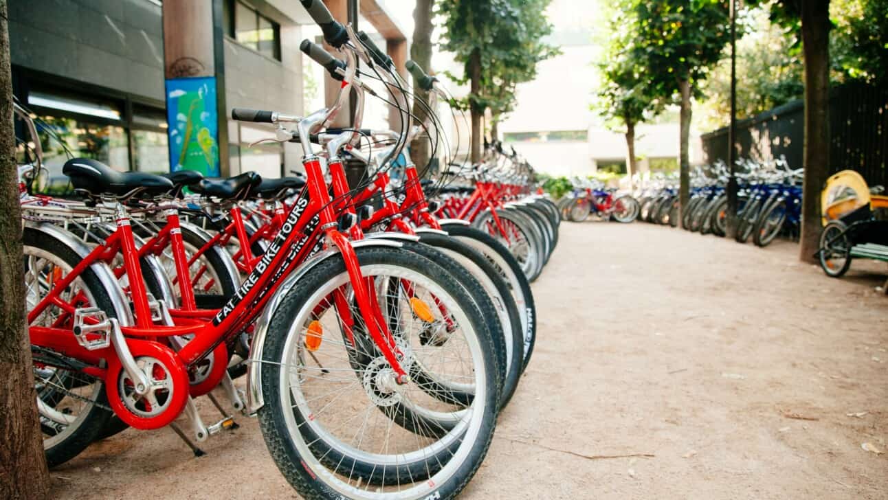 Bikes lined up outside the Fat Tire Tours office in Paris, France