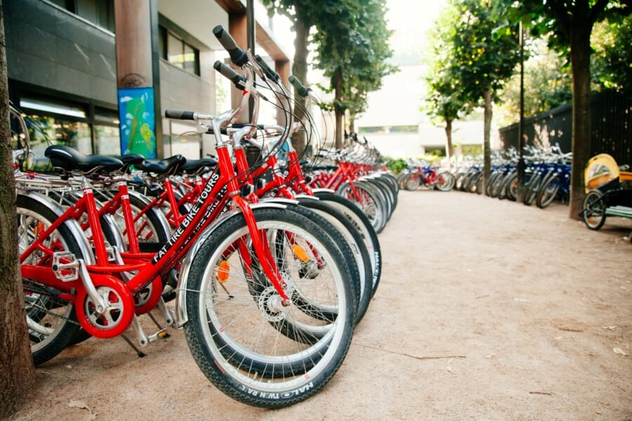Bikes lined up outside the Fat Tire Tours office in Paris, France