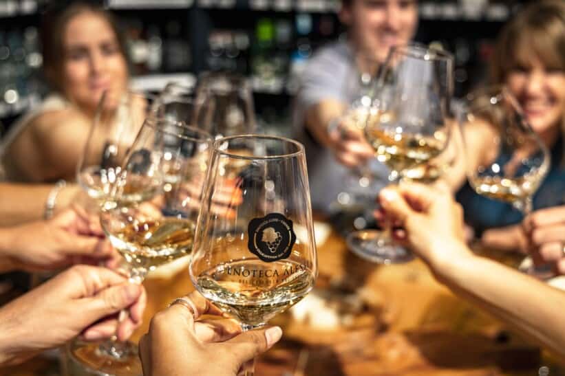 A group cheers during a wine tasting