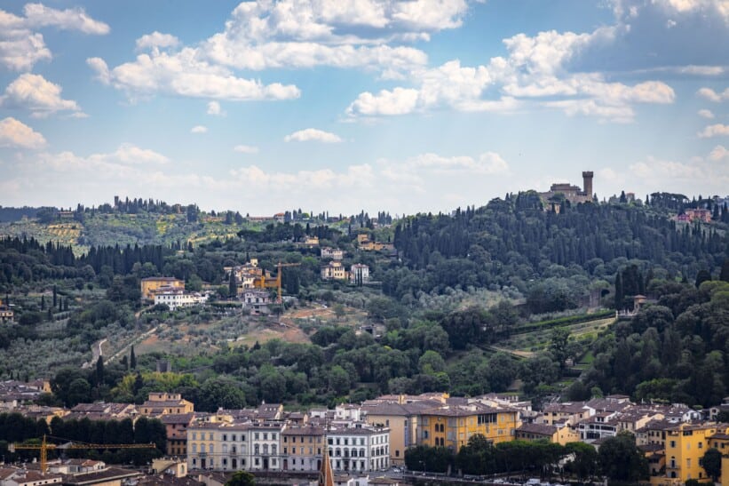 A view of Tuscany in the distance from the Florence Duomo