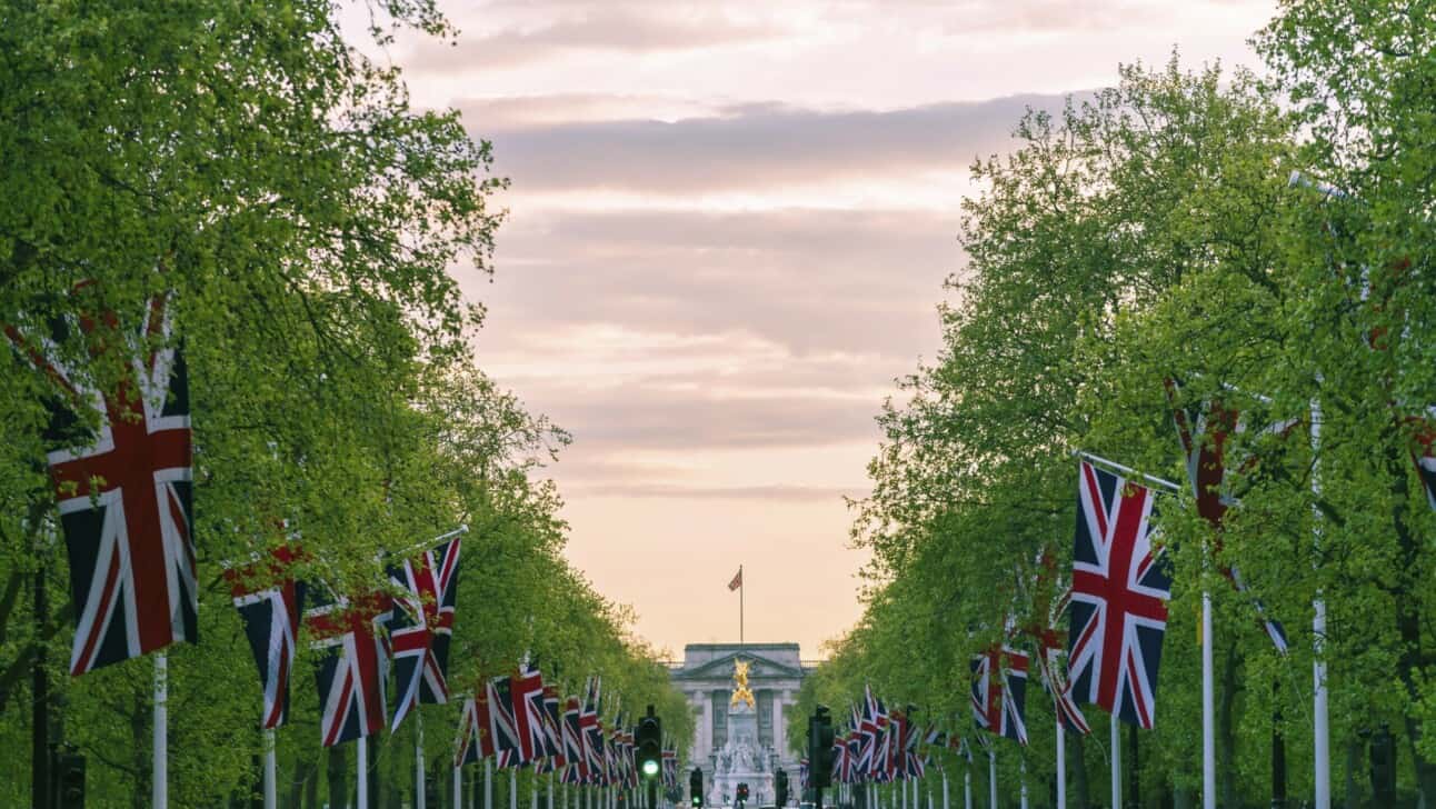 The flag-lined road leading to Buckingham Palace in London, England
