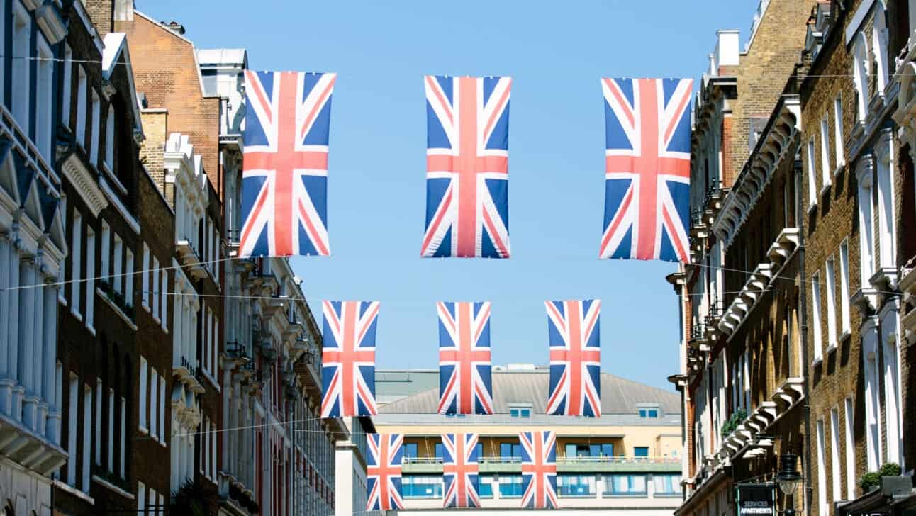 A street in London with Union Jack flags hanging