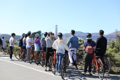 A group stops to admire the Golden Gate Bridge in San Francisco, California