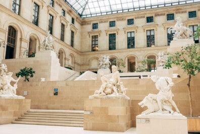 The statue gallery inside the Louvre in Paris, France