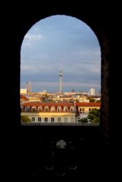 A view of the TV Tower from the top of the Zionskirche church in Berlin, Germany