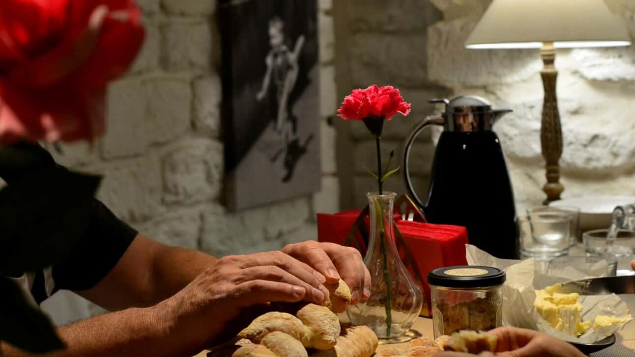 Tasting the freshly baked baguettes and brioche