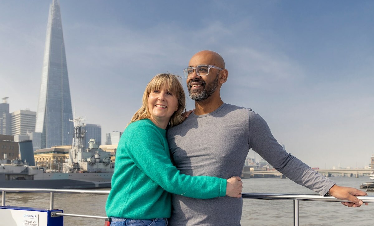 A couple admires the London cityscape with the Shard in the background