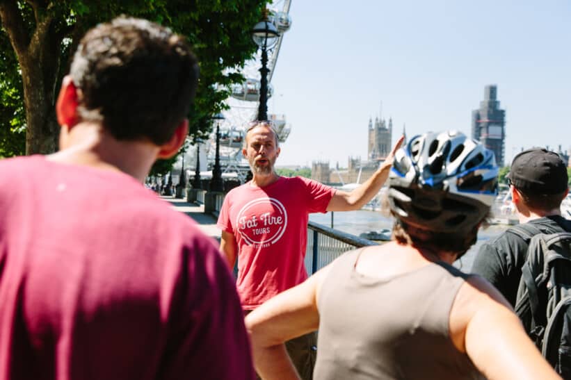 A guide explaining the surrounding area in London along the Thames with the London Eye in the background