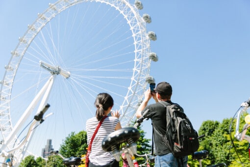 A couple takes a photo of the London Eye