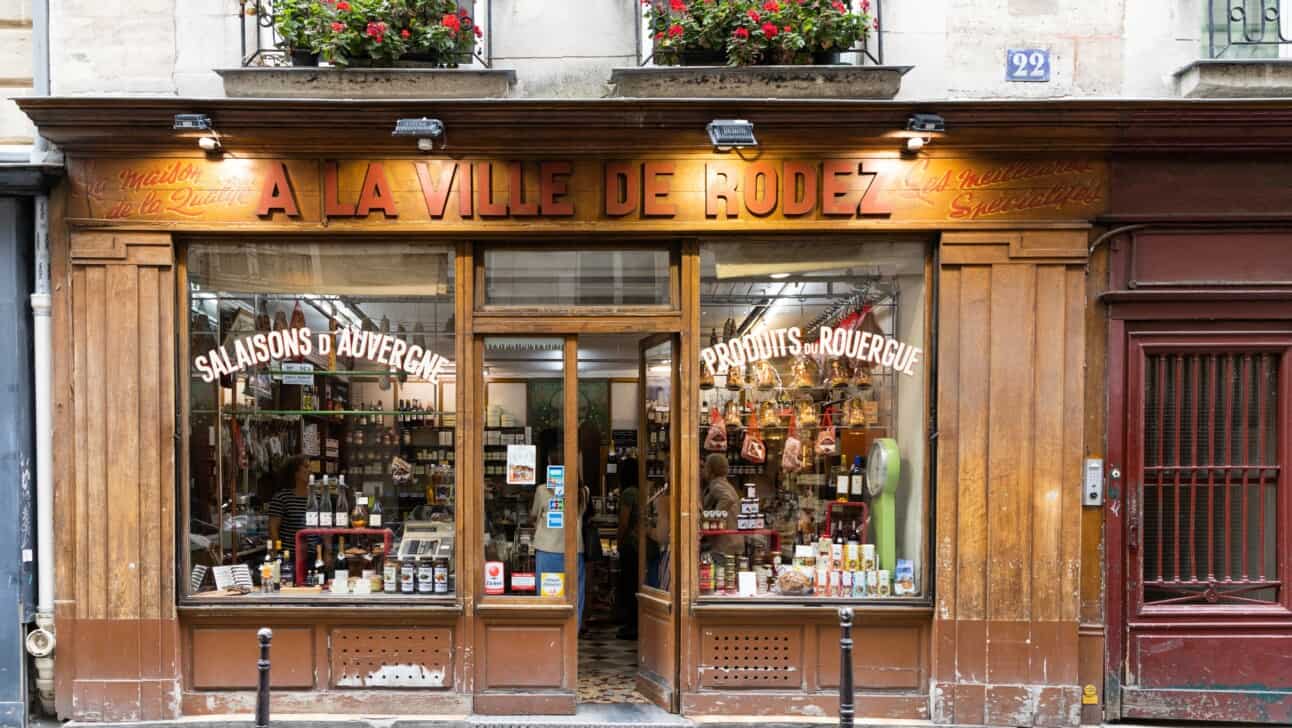 The front of a boutique food shop in Paris, France