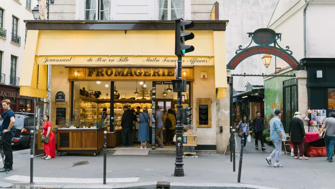 A street view of the Marché des Enfants Rouges in Paris, France