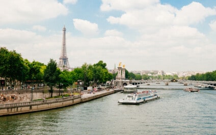 The Eiffel Tower, Alexandre III Bridge, and the river Seine in Paris, France