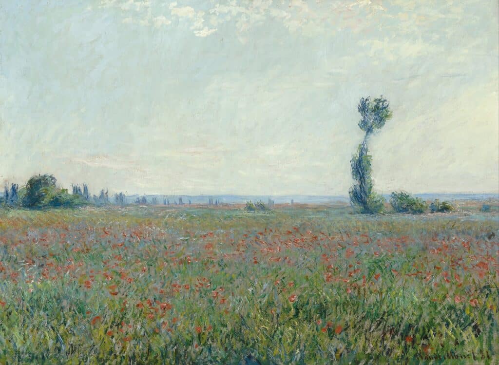 A painting of a field of red flowers by Claude Monet. 