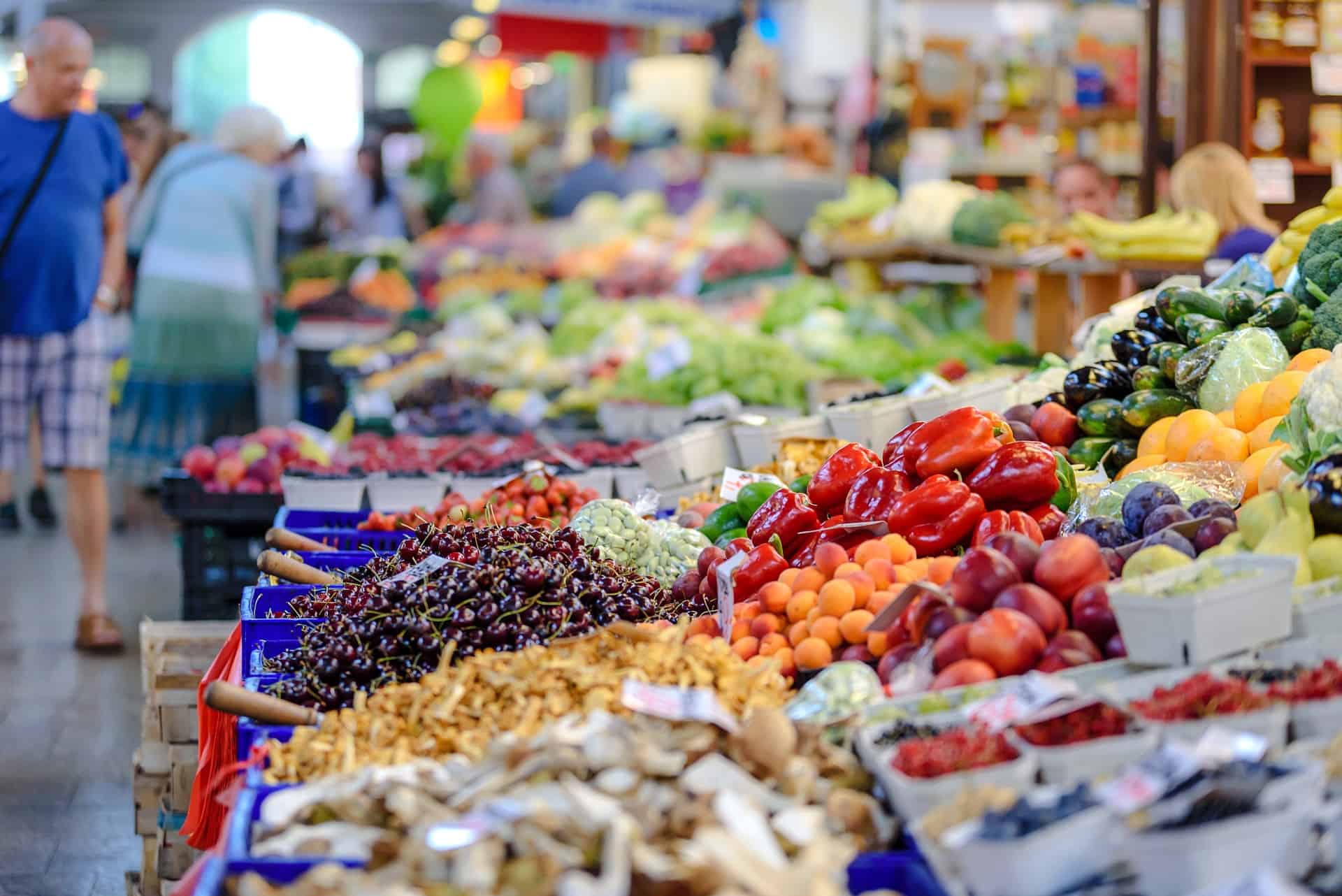 A market with fresh fruits and vegetables