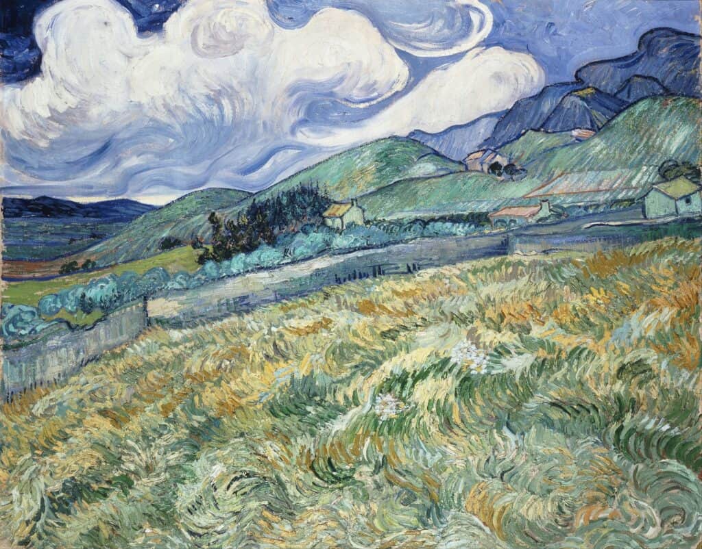 A painting of a field by Vincent Van Gogh. 