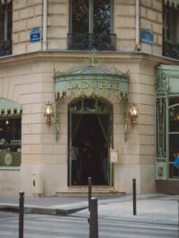 The entrance to the La Durée bakery along the Champs Élysées in Paris, France