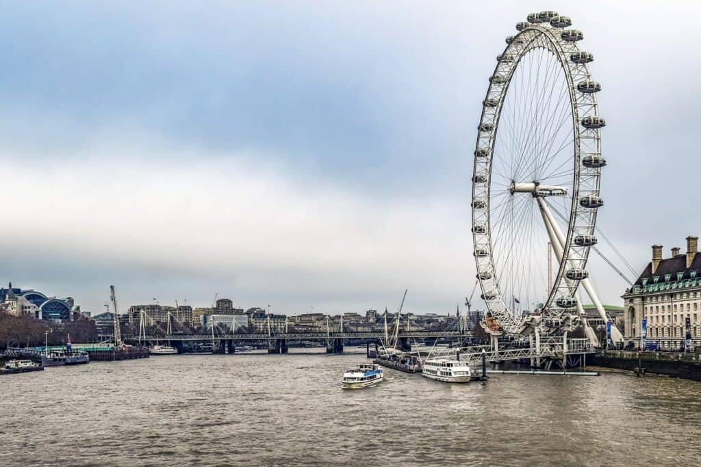 The London Eye ferris wheel pictured on a gray London day 