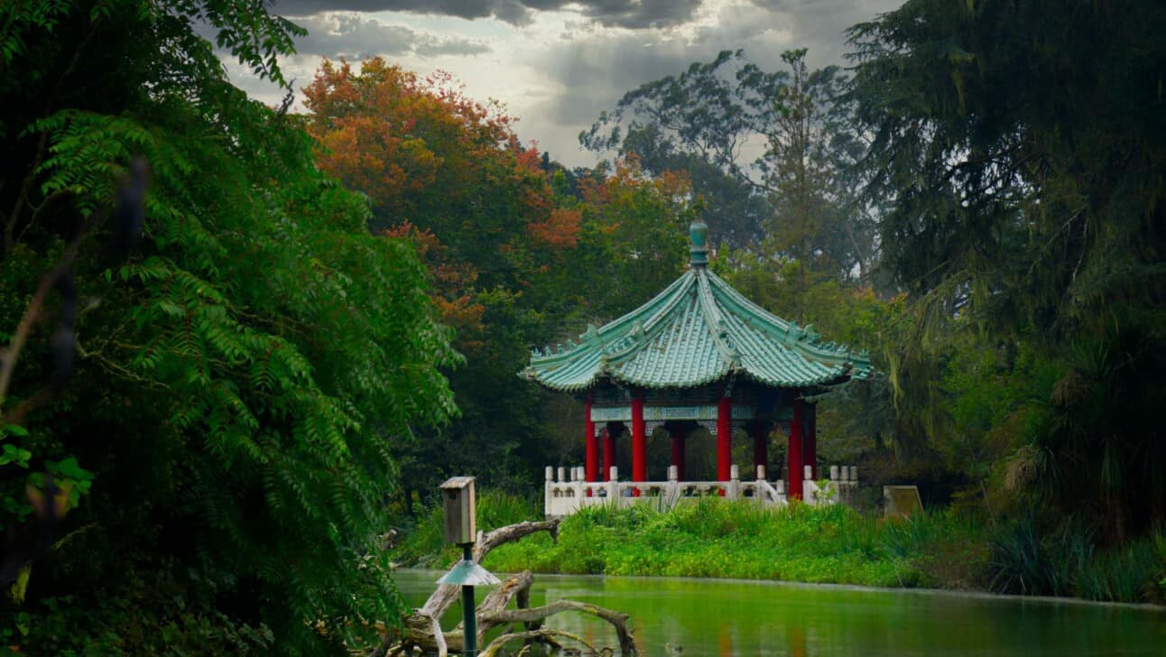 The green-roofed pagoda along Stow Lake in San Francisco's Golden Gate Park