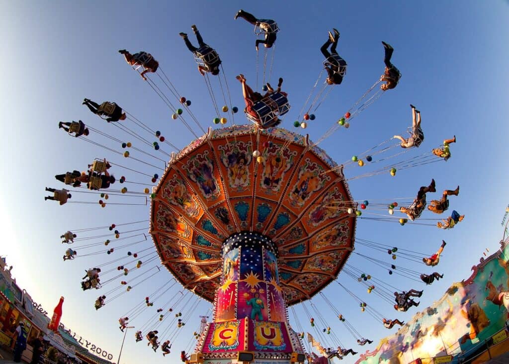 People riding an amusement park ride at Munich's Oktoberfest